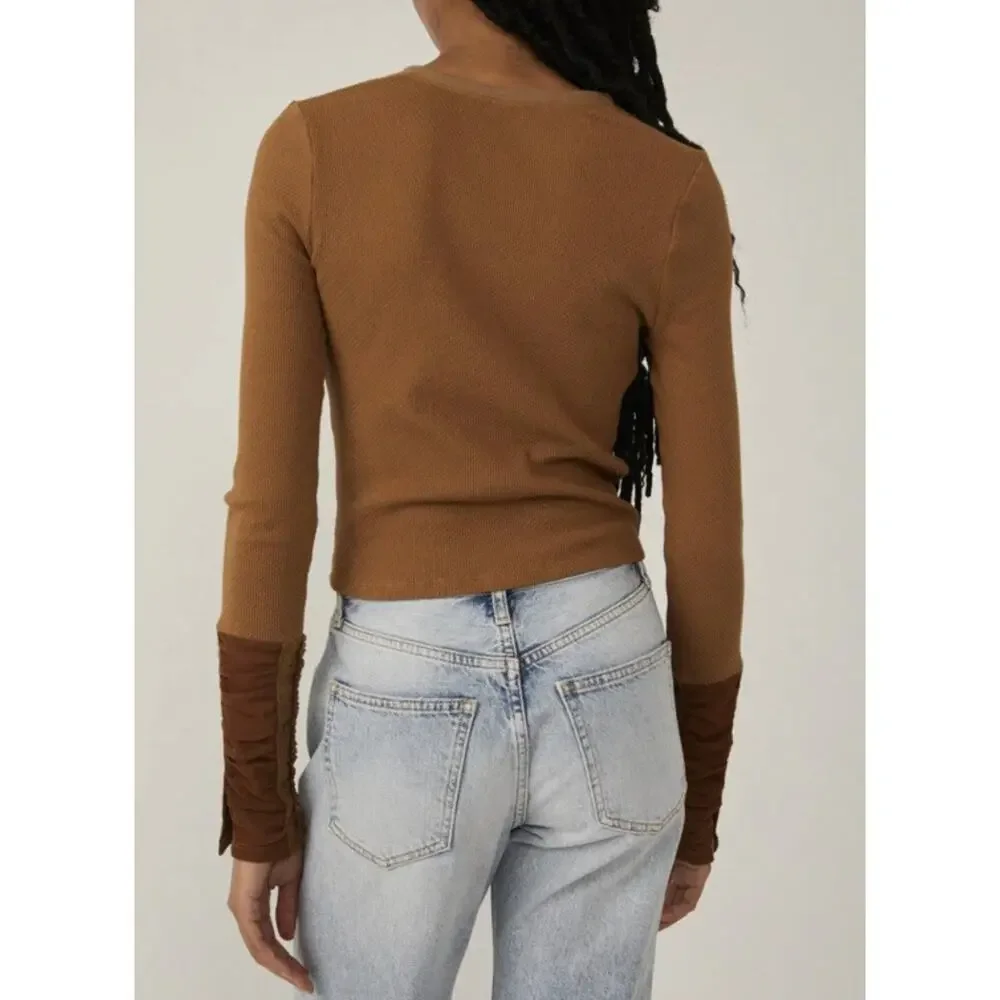 Free People Wear Me Out Thermal Mesh Lace cuff Sleeve Top